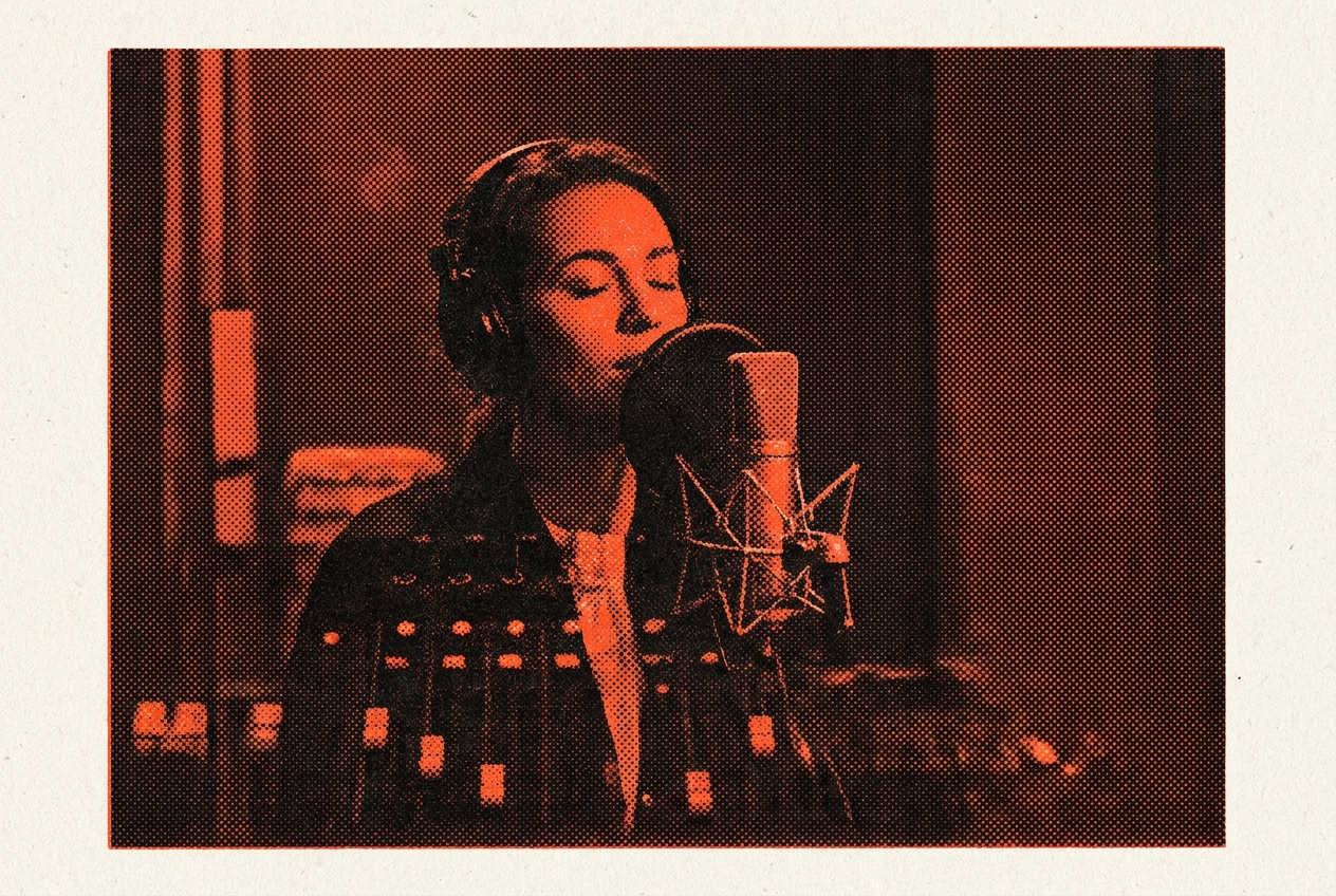 A singer in a vocal booth seen through glass, duotone print