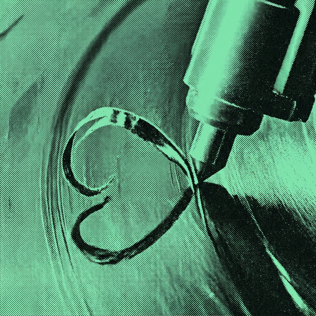 A mastering lathe cutting a lacquer disc, duotone print
