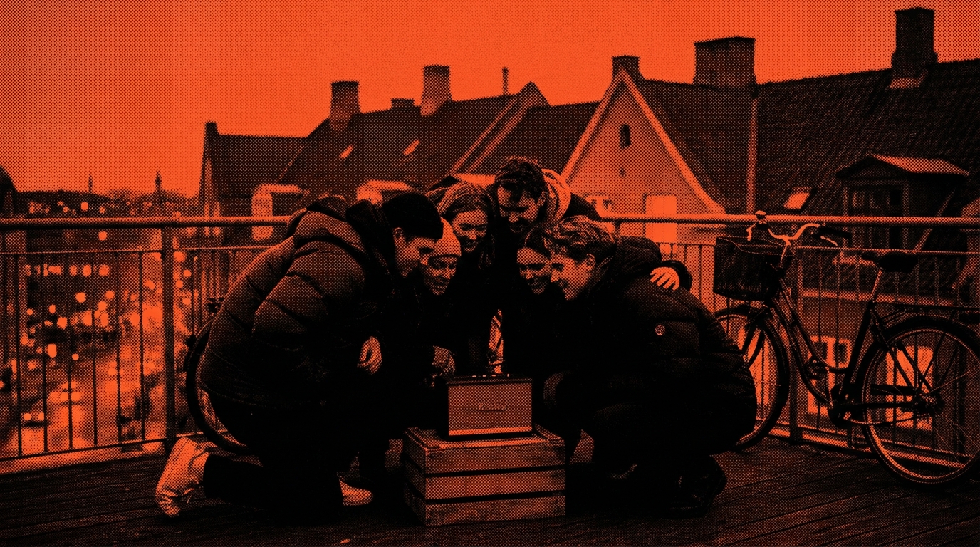 A rooftop listening party at dusk, duotone print