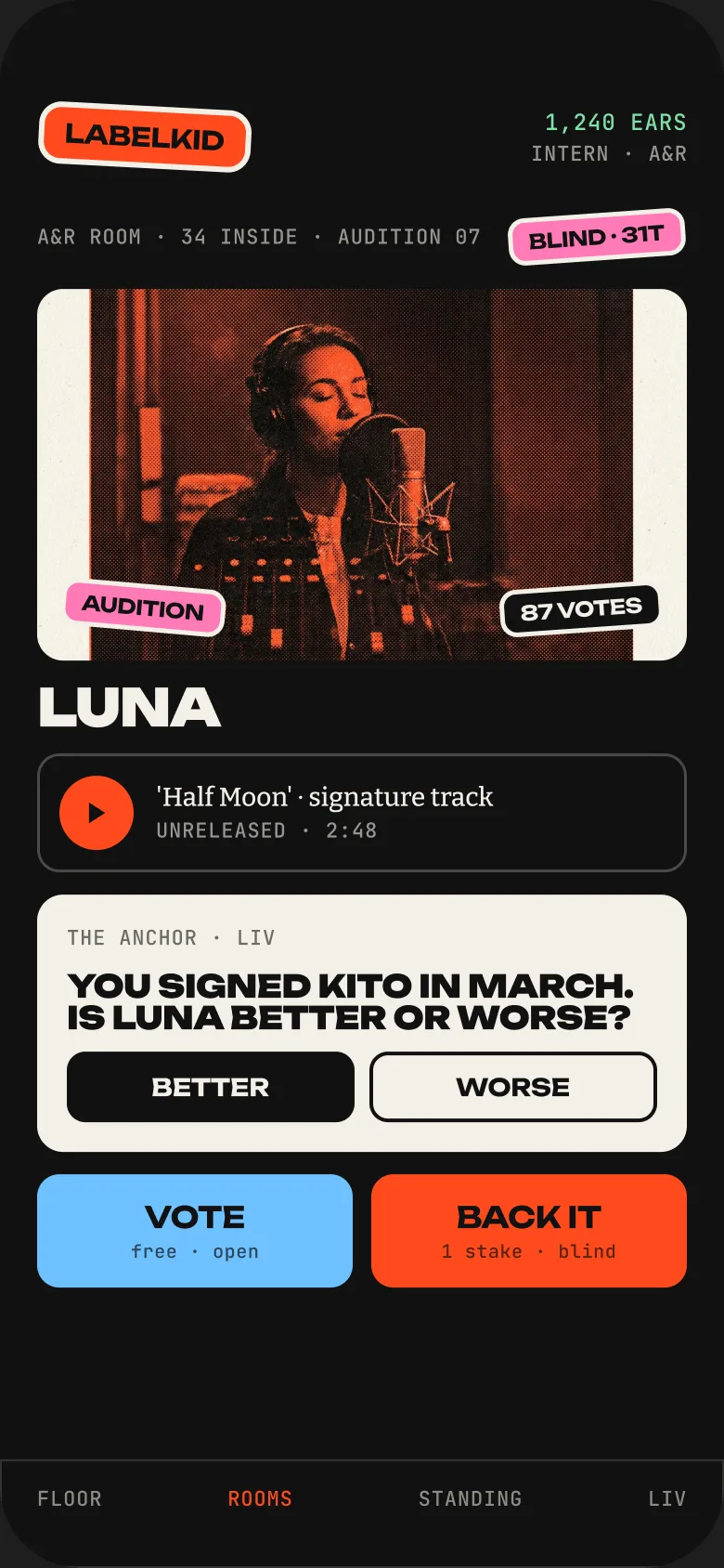 Auditions: Hear the demo. Vote free, or back it blind with a stake.