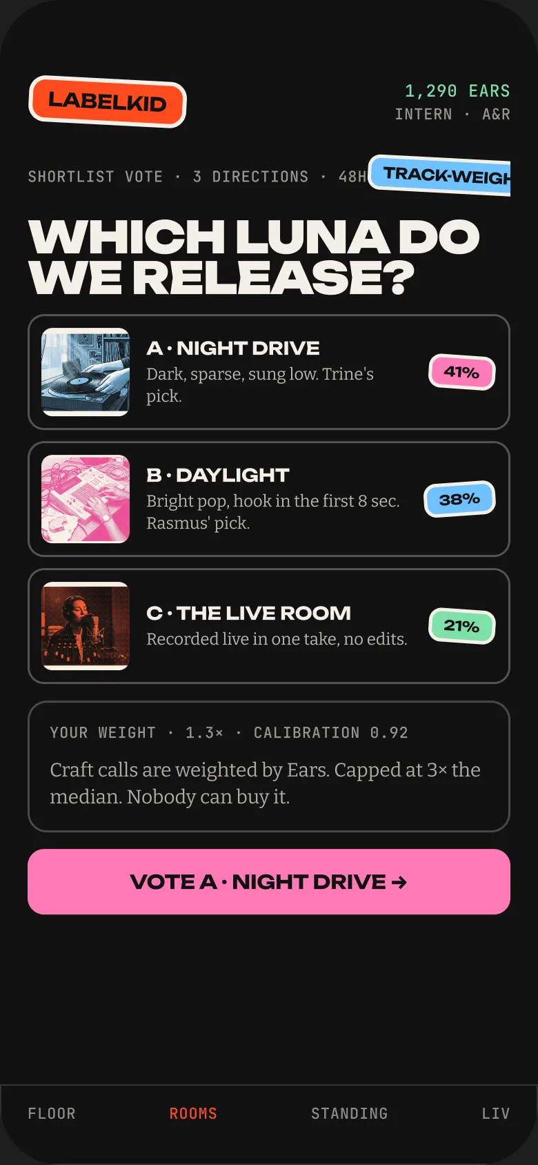 Creative dev: Three directions. The room picks the one the record becomes.