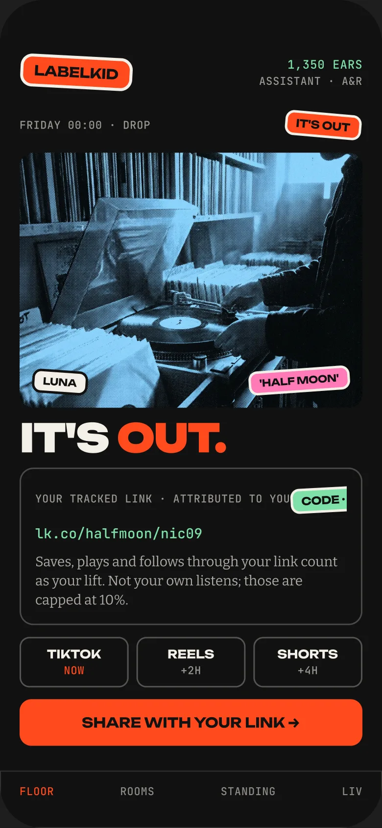 Release week: Friday 00:00. It's out, and your tracked link counts.